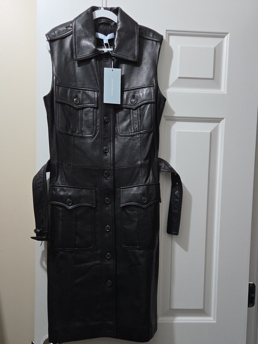Antonio Melani "Melanie" Genuine Leather Sleeveless Button-Front Sheath Midi Dre
